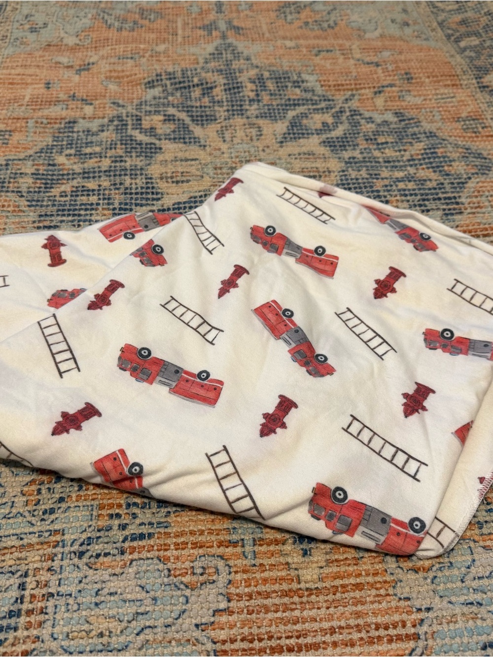 Copper Pearl Children's Fire Truck Print Blanket - White with Red Trucks